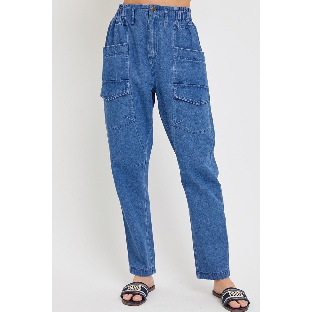 Polagram Cargo Jeans‎ Women L Blue New Elastic Waist Utility Tapered Denim - Picture 2 of 6